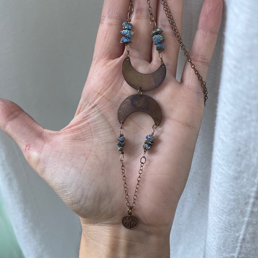 Copper and pyrite witchy moon necklace